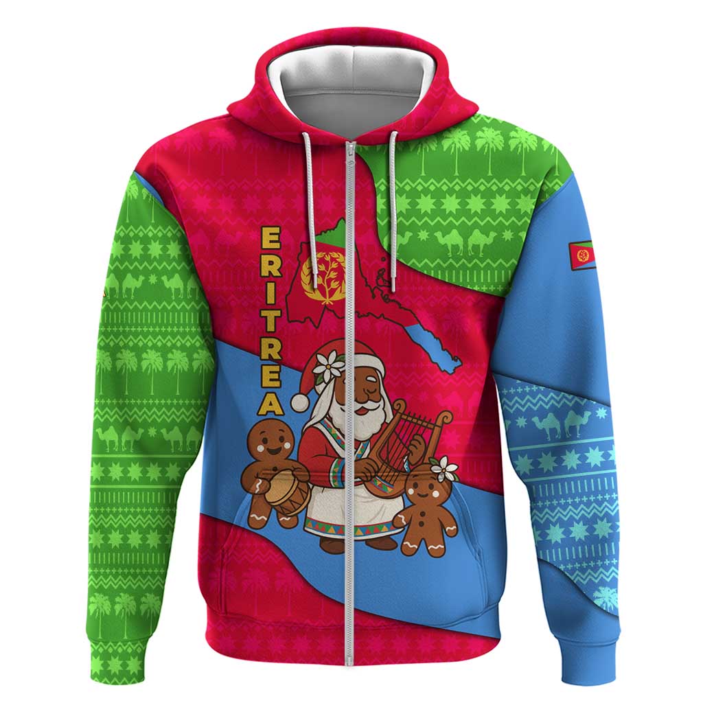 Eritrea Christmas Zip Hoodie with African Santa Gingerbread Harp National Flag Colors and Festive Pattern Design - Wonder Print Shop
