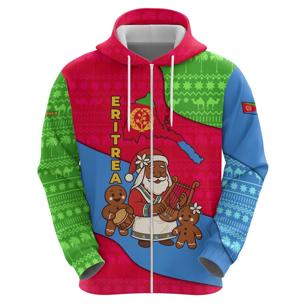 Eritrea Christmas Zip Hoodie with African Santa Gingerbread Harp National Flag Colors and Festive Pattern Design - Wonder Print Shop