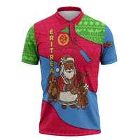 Eritrea Christmas Zipper Polo Shirt with African Santa Gingerbread Harp National Flag Colors and Festive Pattern Design - Wonder Print Shop