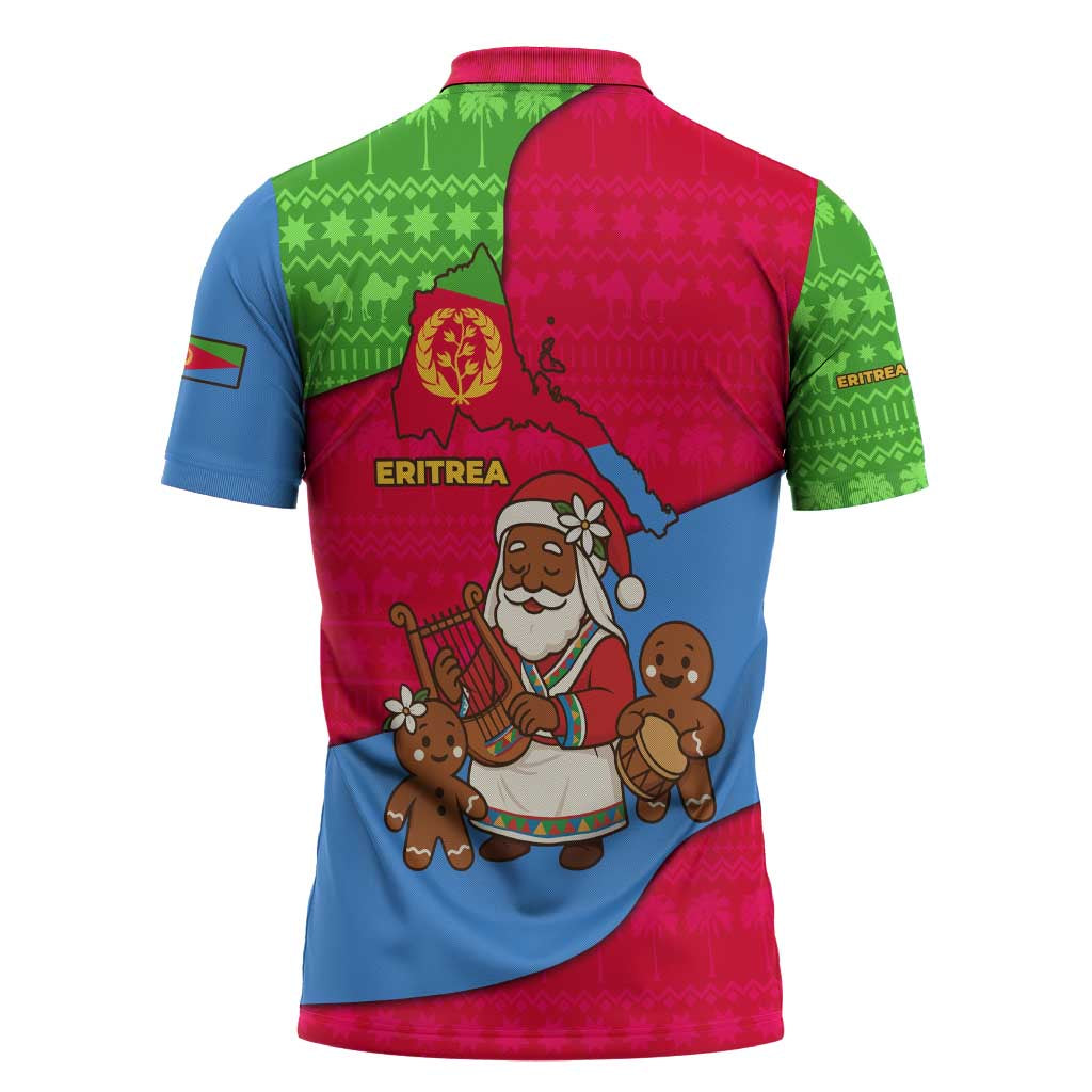 Eritrea Christmas Zipper Polo Shirt with African Santa Gingerbread Harp National Flag Colors and Festive Pattern Design - Wonder Print Shop