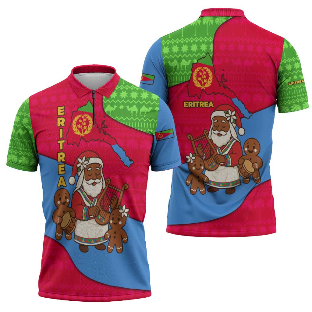 Eritrea Christmas Zipper Polo Shirt with African Santa Gingerbread Harp National Flag Colors and Festive Pattern Design - Wonder Print Shop