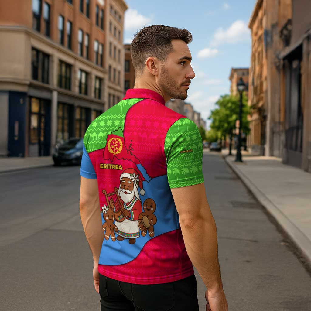 Eritrea Christmas Zipper Polo Shirt with African Santa Gingerbread Harp National Flag Colors and Festive Pattern Design - Wonder Print Shop