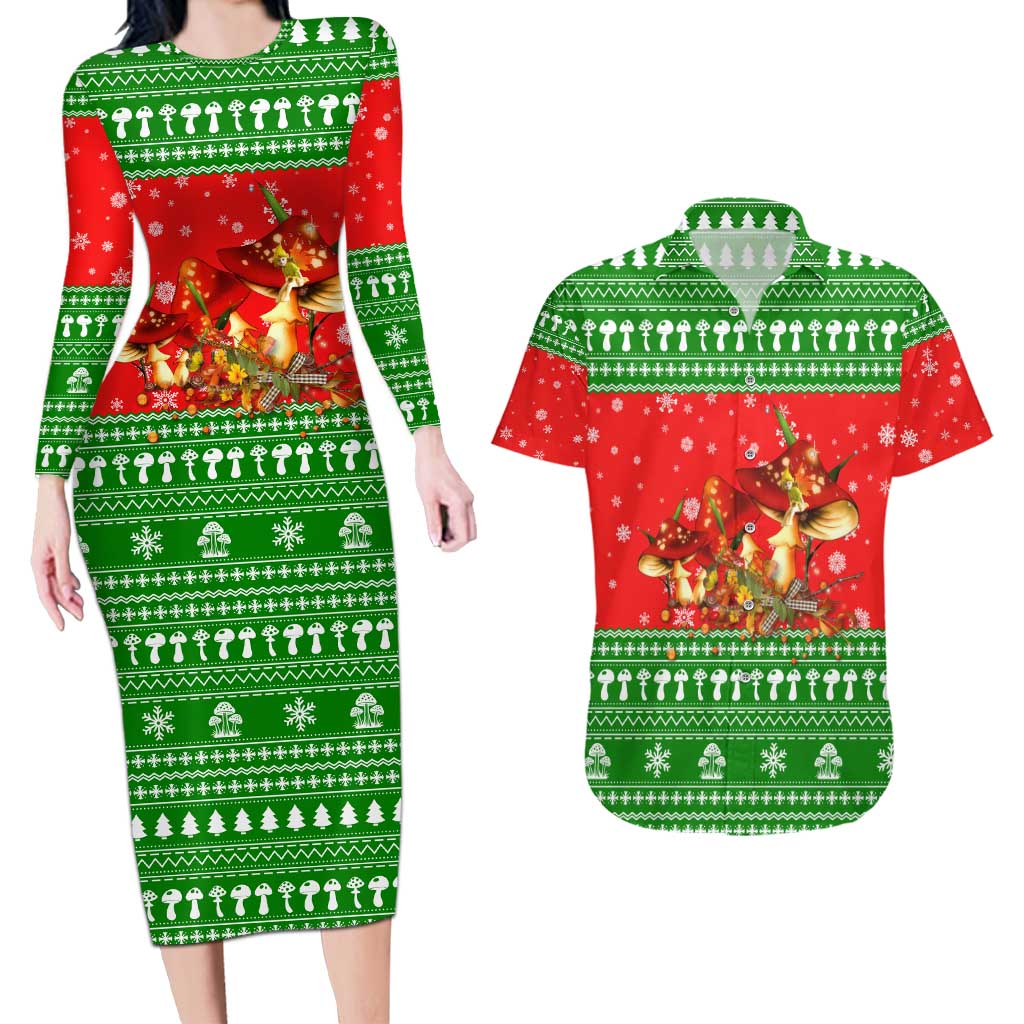 Amazing Mushroom Christmas Yall Christmas Couples Matching Long Sleeve Bodycon Dress and Hawaiian Shirt Xmas Holiday Patterns - Wonder Print Shop