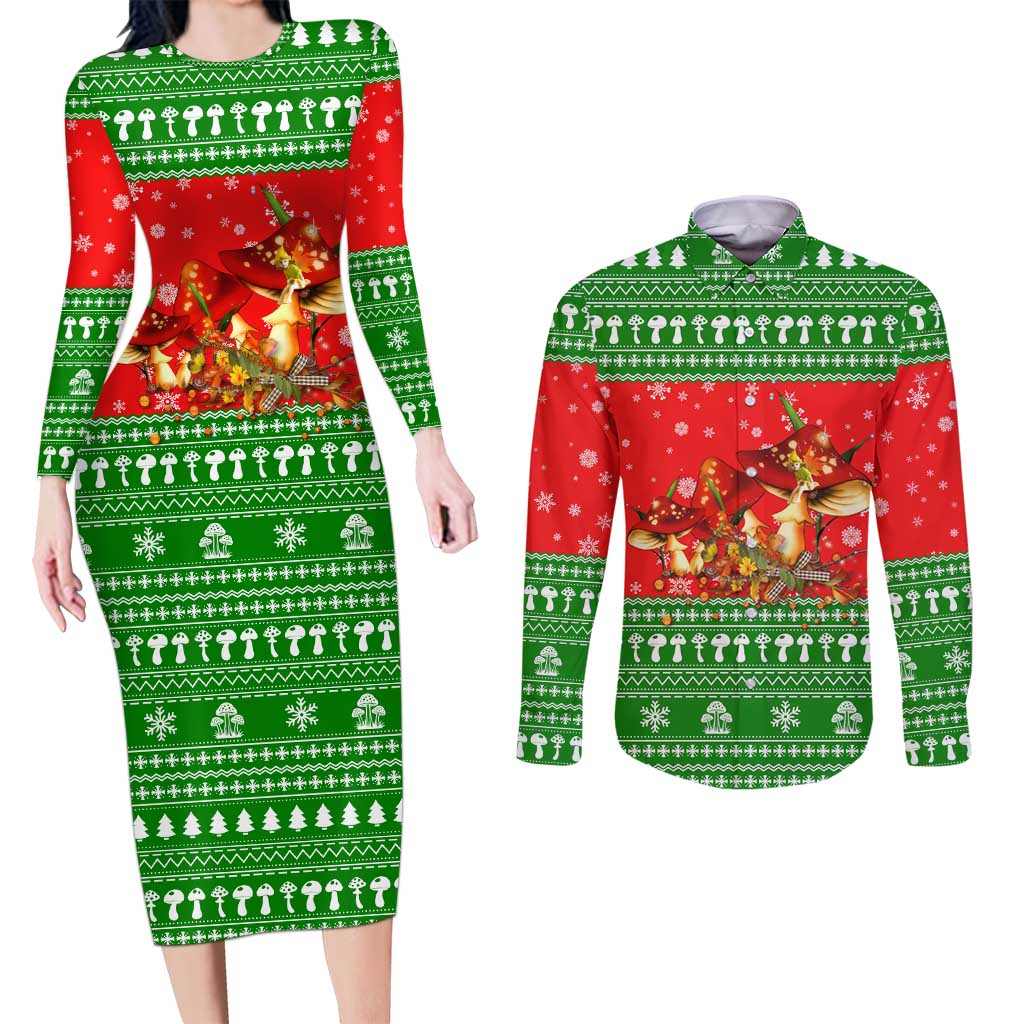 Amazing Mushroom Christmas Yall Christmas Couples Matching Long Sleeve Bodycon Dress and Long Sleeve Button Shirt Xmas Holiday Patterns - Wonder Print Shop