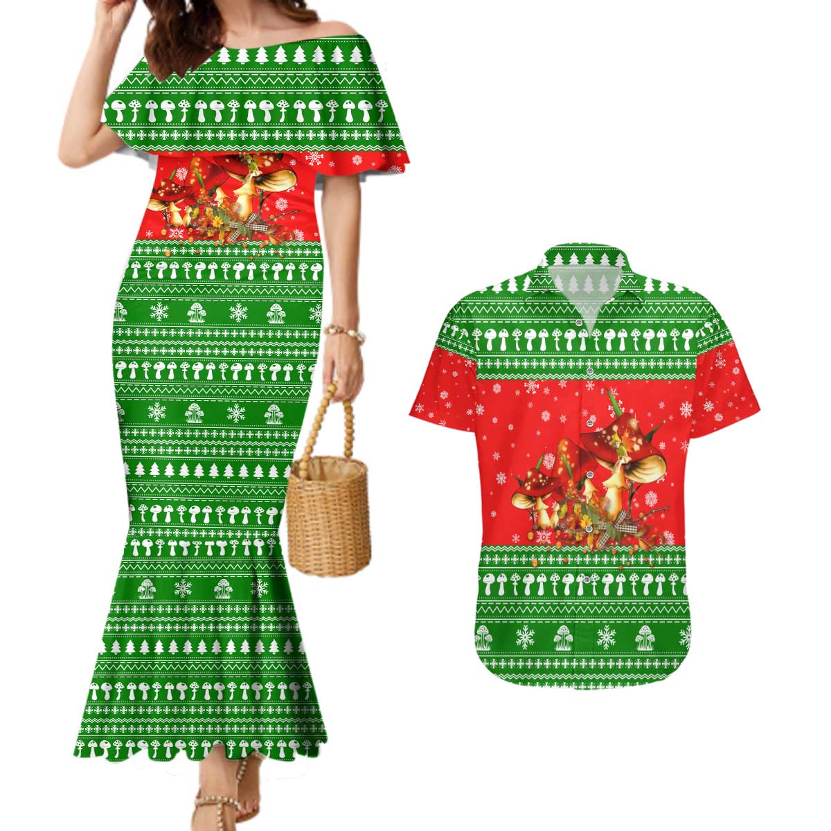 Amazing Mushroom Christmas Yall Christmas Couples Matching Mermaid Dress and Hawaiian Shirt Xmas Holiday Patterns - Wonder Print Shop