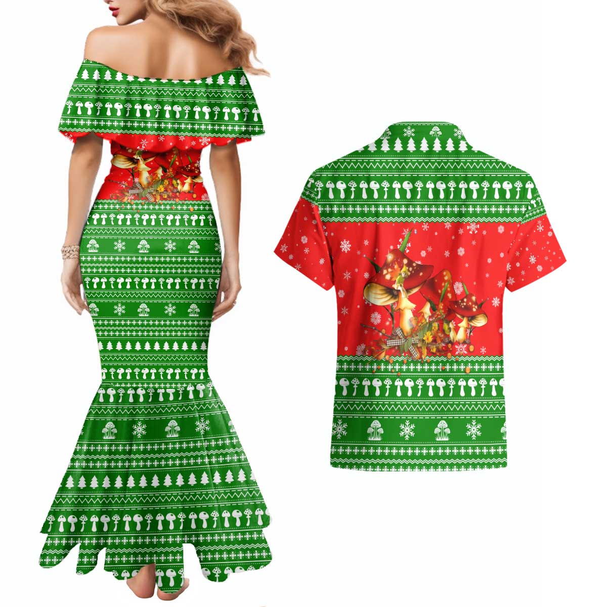 Amazing Mushroom Christmas Yall Christmas Couples Matching Mermaid Dress and Hawaiian Shirt Xmas Holiday Patterns - Wonder Print Shop