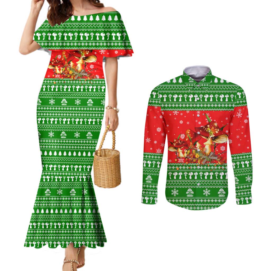 Amazing Mushroom Christmas Yall Christmas Couples Matching Mermaid Dress and Long Sleeve Button Shirt Xmas Holiday Patterns - Wonder Print Shop