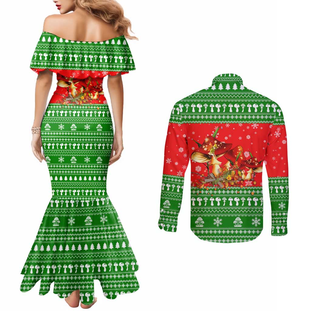 Amazing Mushroom Christmas Yall Christmas Couples Matching Mermaid Dress and Long Sleeve Button Shirt Xmas Holiday Patterns - Wonder Print Shop