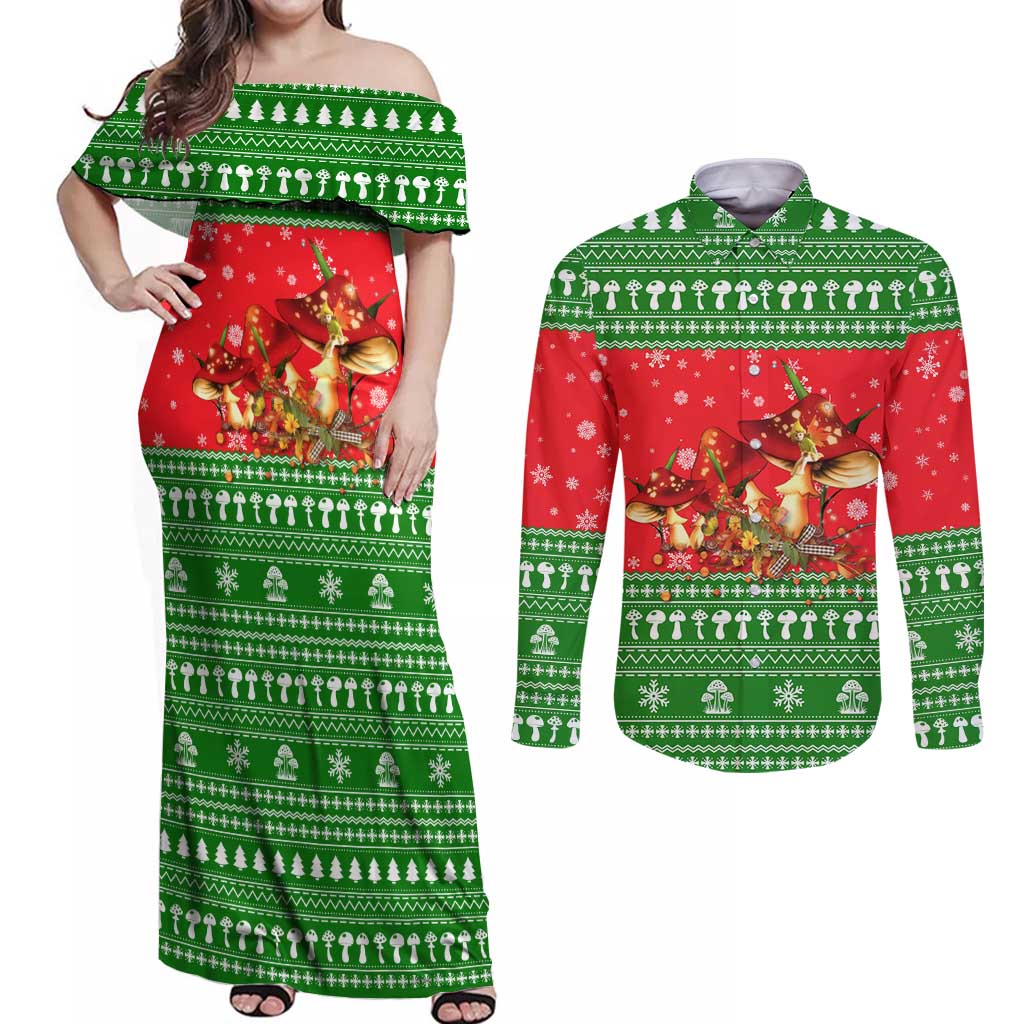 Amazing Mushroom Christmas Yall Christmas Couples Matching Off Shoulder Maxi Dress and Long Sleeve Button Shirt Xmas Holiday Patterns - Wonder Print Shop