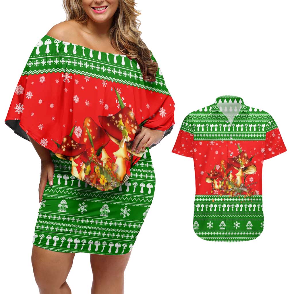 Amazing Mushroom Christmas Yall Christmas Couples Matching Off Shoulder Short Dress and Hawaiian Shirt Xmas Holiday Patterns - Wonder Print Shop
