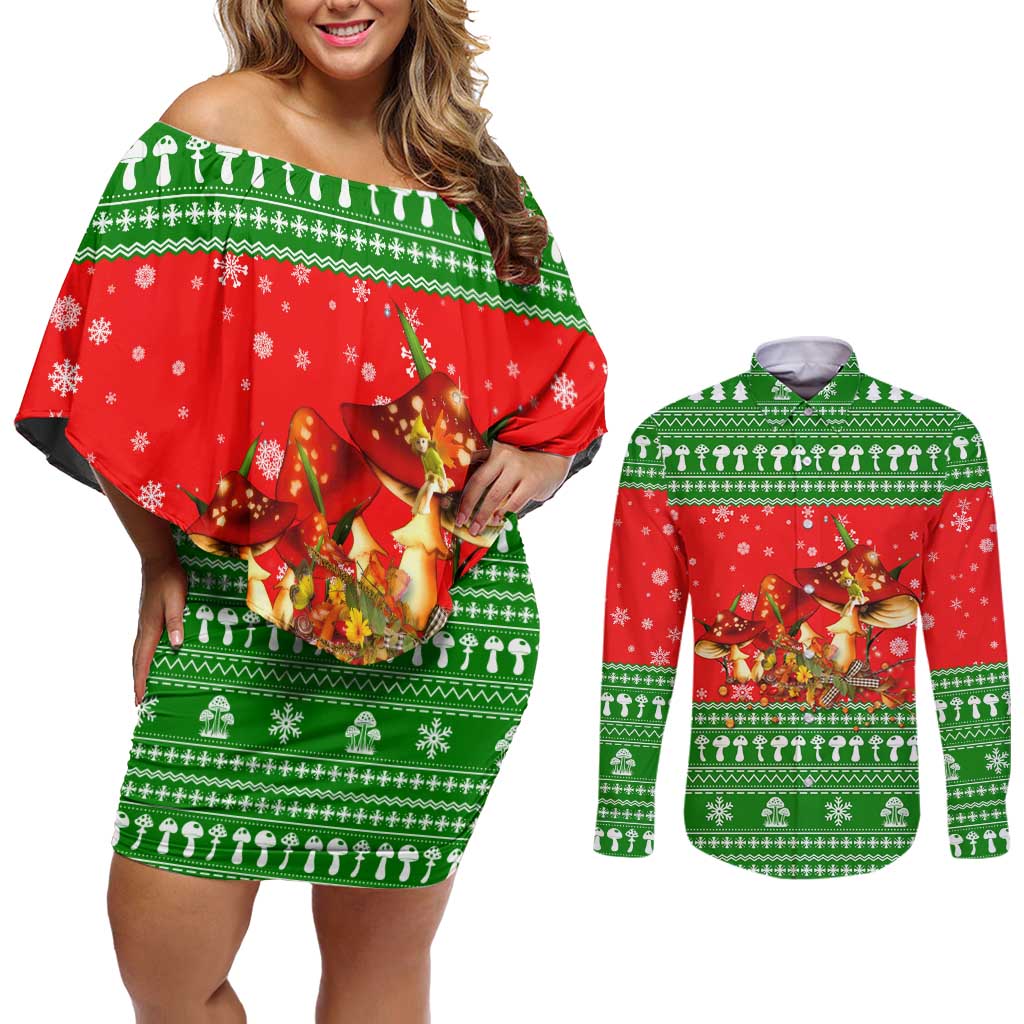 Amazing Mushroom Christmas Yall Christmas Couples Matching Off Shoulder Short Dress and Long Sleeve Button Shirt Xmas Holiday Patterns - Wonder Print Shop