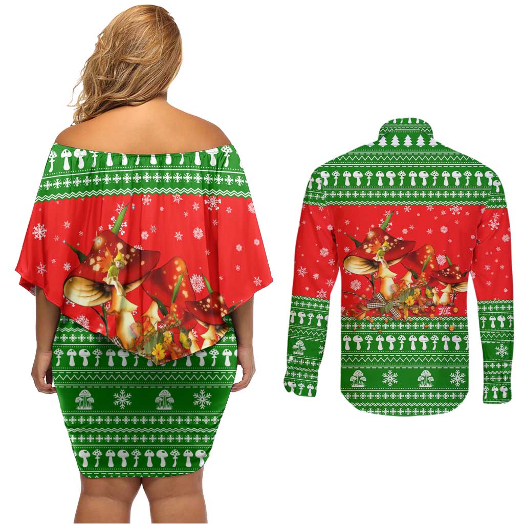 Amazing Mushroom Christmas Yall Christmas Couples Matching Off Shoulder Short Dress and Long Sleeve Button Shirt Xmas Holiday Patterns - Wonder Print Shop