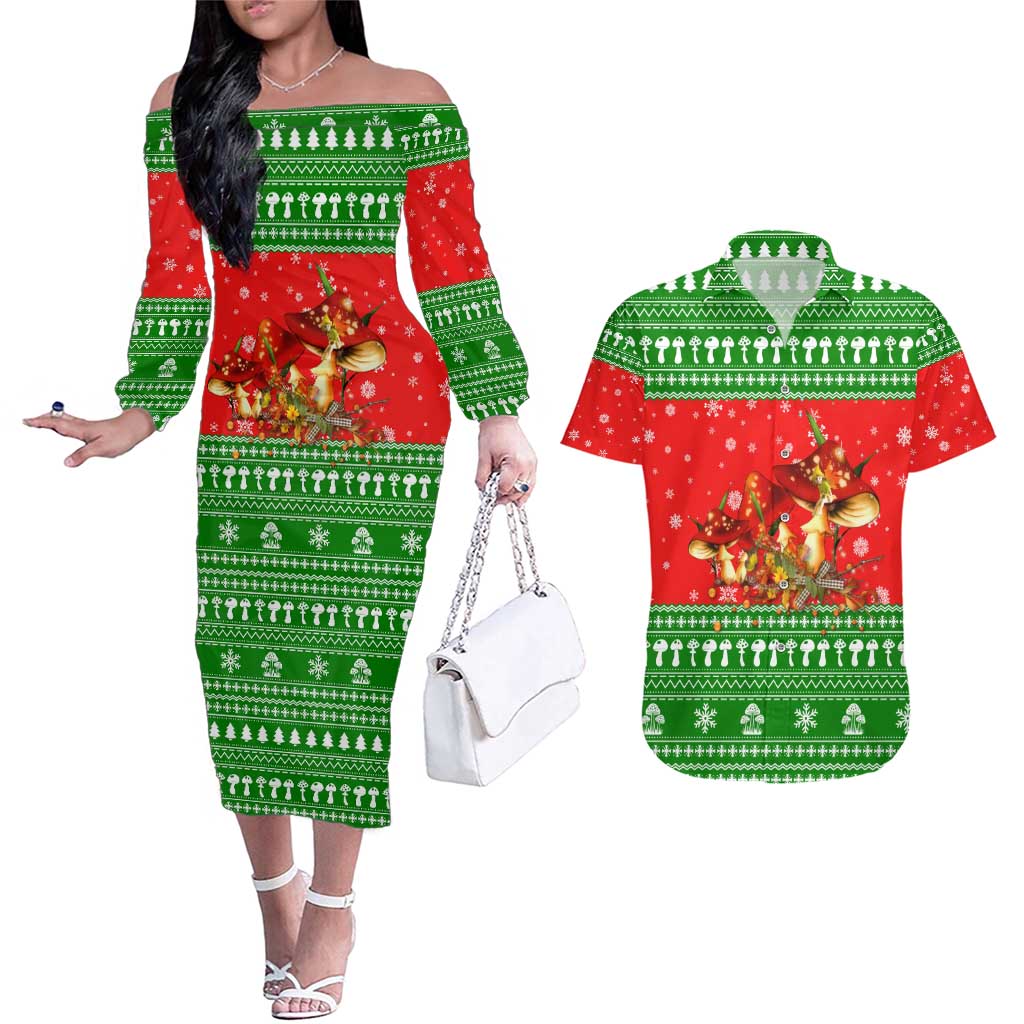 Amazing Mushroom Christmas Yall Christmas Couples Matching Off The Shoulder Long Sleeve Dress and Hawaiian Shirt Xmas Holiday Patterns - Wonder Print Shop