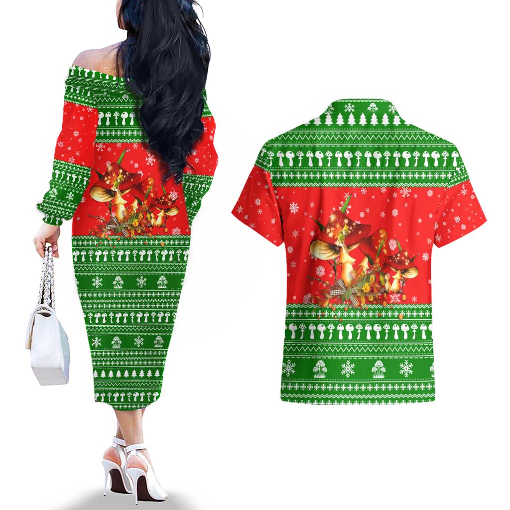 Amazing Mushroom Christmas Yall Christmas Couples Matching Off The Shoulder Long Sleeve Dress and Hawaiian Shirt Xmas Holiday Patterns - Wonder Print Shop