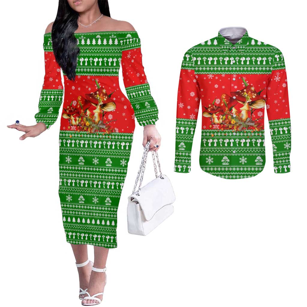 Amazing Mushroom Christmas Yall Christmas Couples Matching Off The Shoulder Long Sleeve Dress and Long Sleeve Button Shirt Xmas Holiday Patterns - Wonder Print Shop