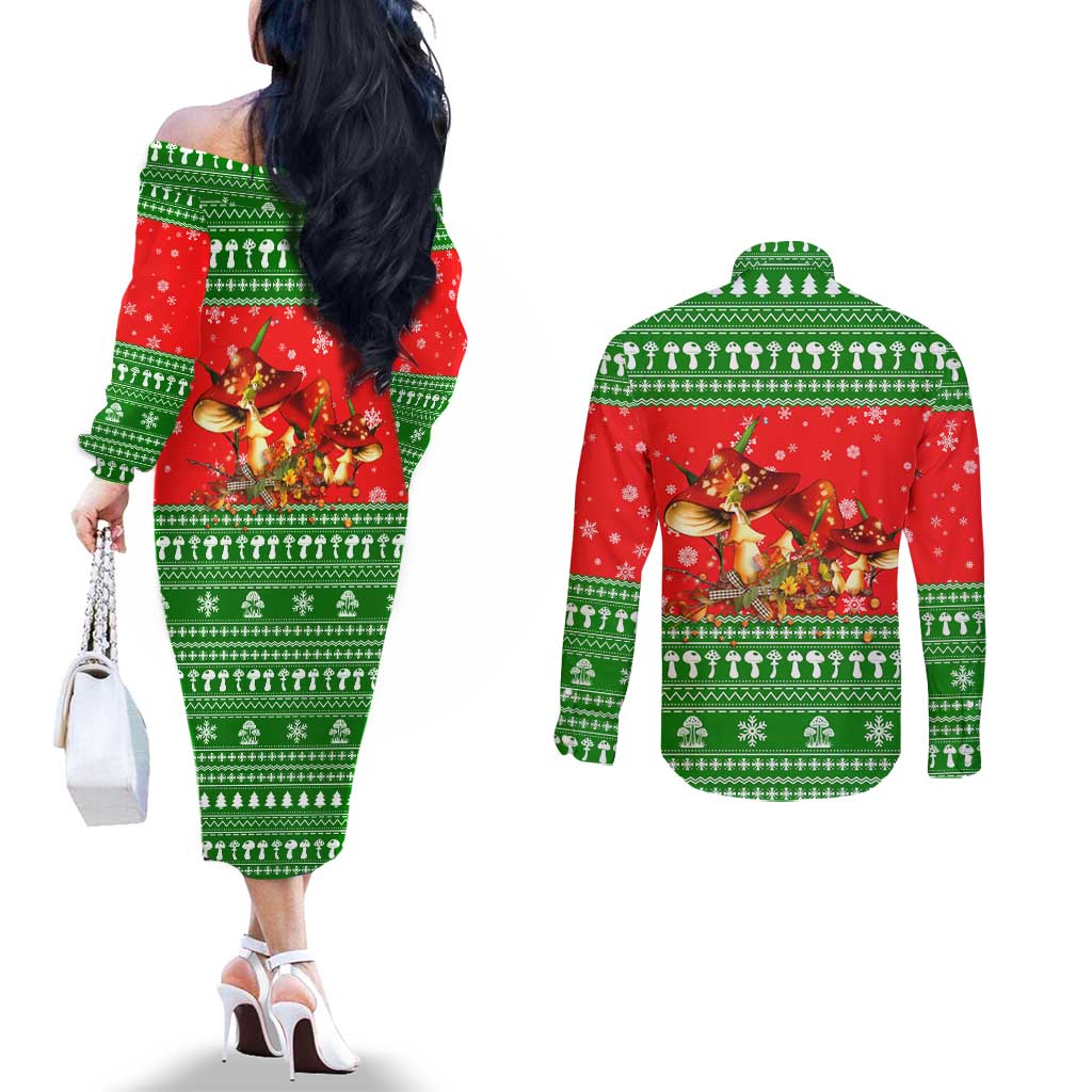 Amazing Mushroom Christmas Yall Christmas Couples Matching Off The Shoulder Long Sleeve Dress and Long Sleeve Button Shirt Xmas Holiday Patterns - Wonder Print Shop