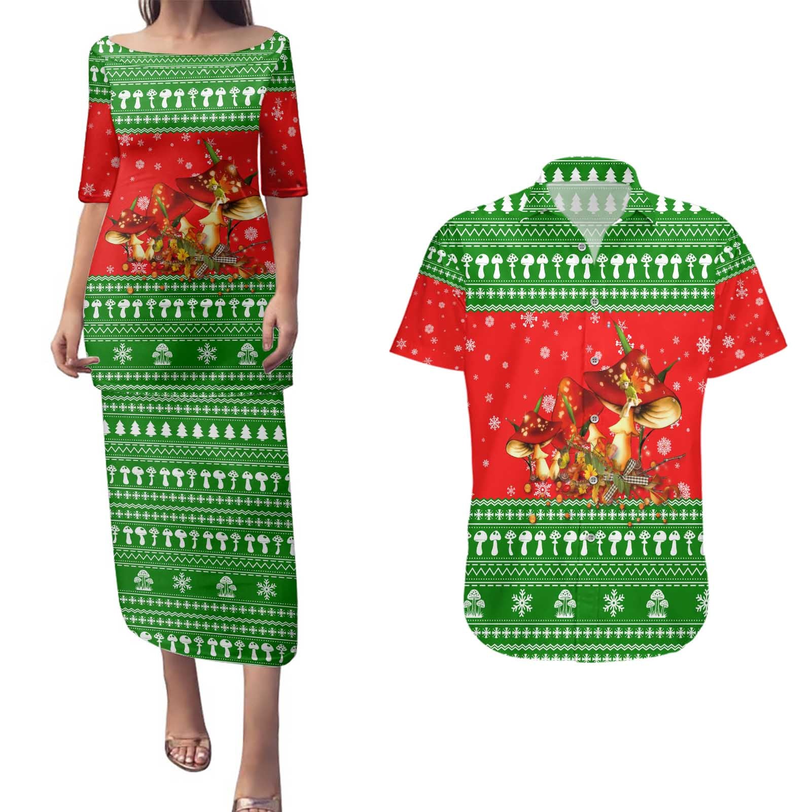 Amazing Mushroom Christmas Yall Christmas Couples Matching Puletasi and Hawaiian Shirt Xmas Holiday Patterns - Wonder Print Shop