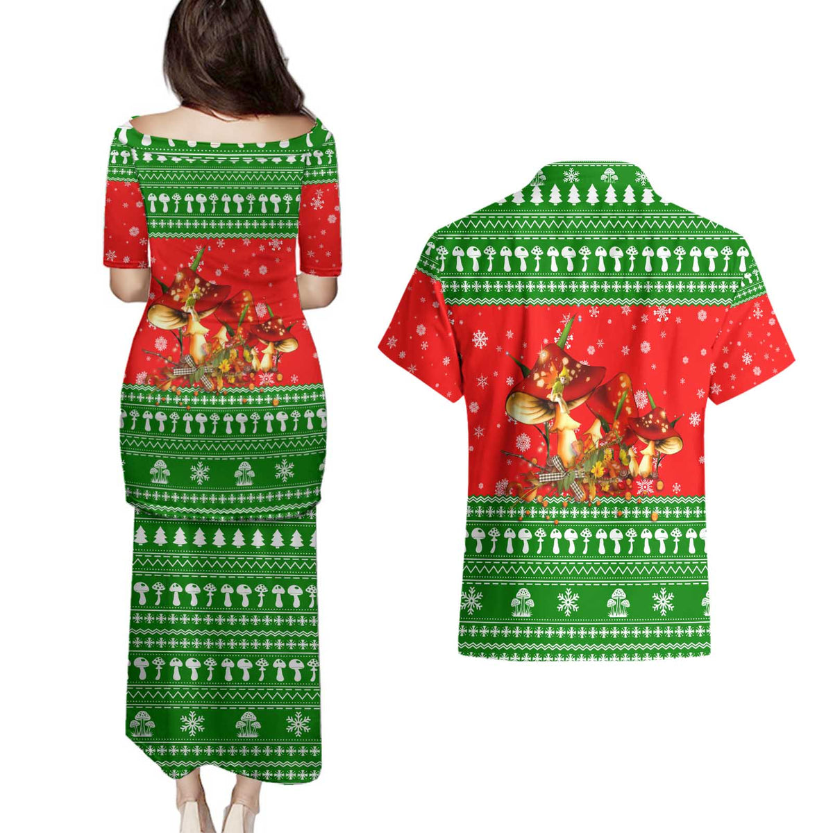 Amazing Mushroom Christmas Yall Christmas Couples Matching Puletasi and Hawaiian Shirt Xmas Holiday Patterns - Wonder Print Shop