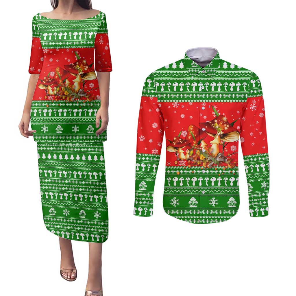 Amazing Mushroom Christmas Yall Christmas Couples Matching Puletasi and Long Sleeve Button Shirt Xmas Holiday Patterns - Wonder Print Shop