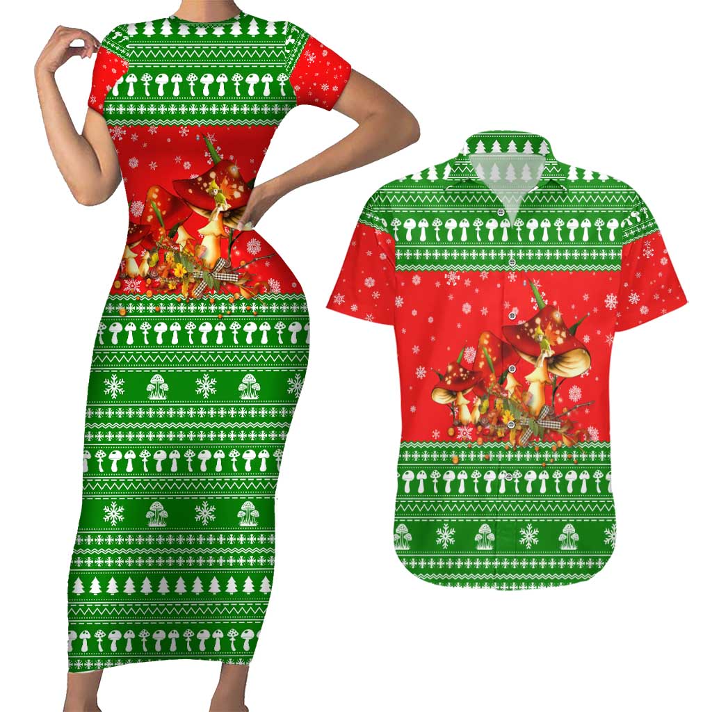 Amazing Mushroom Christmas Yall Christmas Couples Matching Short Sleeve Bodycon Dress and Hawaiian Shirt Xmas Holiday Patterns - Wonder Print Shop