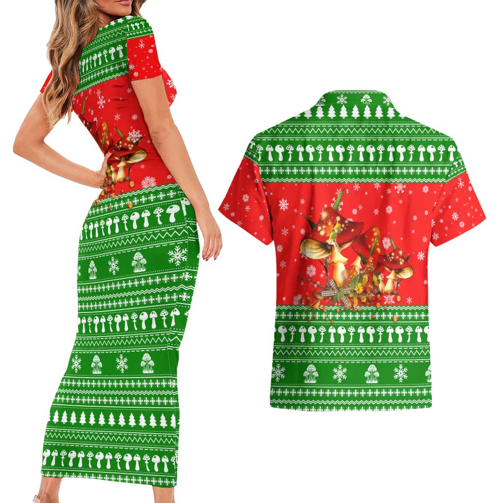 Amazing Mushroom Christmas Yall Christmas Couples Matching Short Sleeve Bodycon Dress and Hawaiian Shirt Xmas Holiday Patterns - Wonder Print Shop
