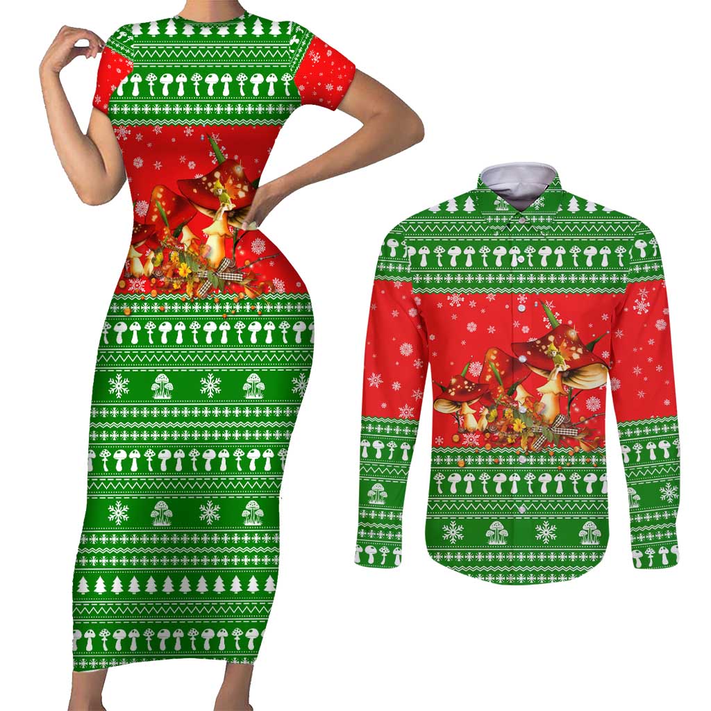 Amazing Mushroom Christmas Yall Christmas Couples Matching Short Sleeve Bodycon Dress and Long Sleeve Button Shirt Xmas Holiday Patterns - Wonder Print Shop