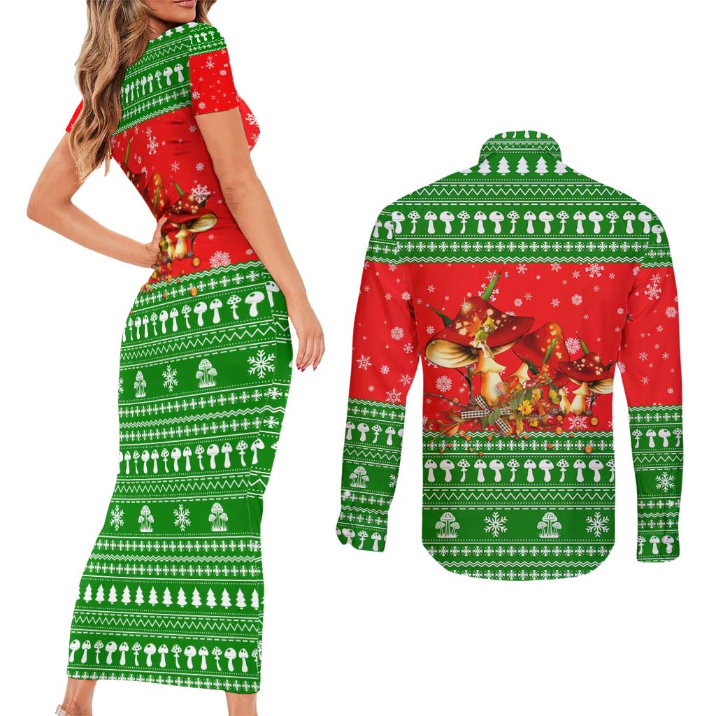Amazing Mushroom Christmas Yall Christmas Couples Matching Short Sleeve Bodycon Dress and Long Sleeve Button Shirt Xmas Holiday Patterns - Wonder Print Shop