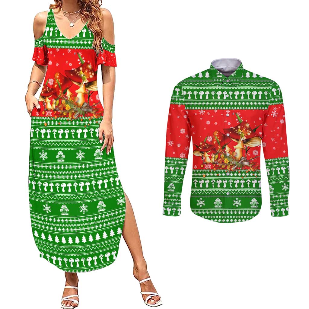 Amazing Mushroom Christmas Yall Christmas Couples Matching Summer Maxi Dress and Long Sleeve Button Shirt Xmas Holiday Patterns - Wonder Print Shop