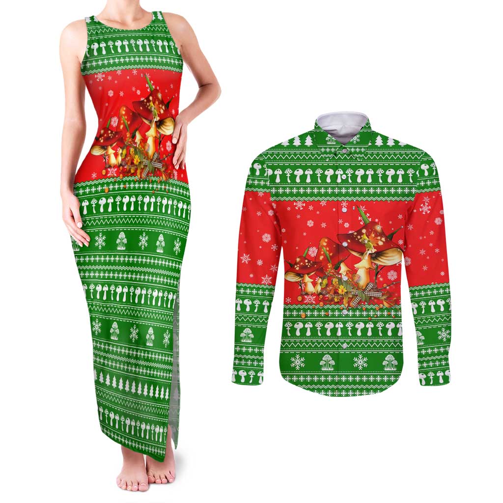 Amazing Mushroom Christmas Yall Christmas Couples Matching Tank Maxi Dress and Long Sleeve Button Shirt Xmas Holiday Patterns - Wonder Print Shop