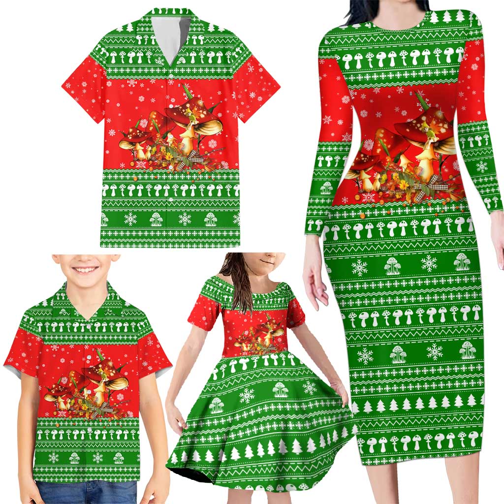 Amazing Mushroom Christmas Yall Christmas Family Matching Long Sleeve Bodycon Dress and Hawaiian Shirt Xmas Holiday Patterns - Wonder Print Shop