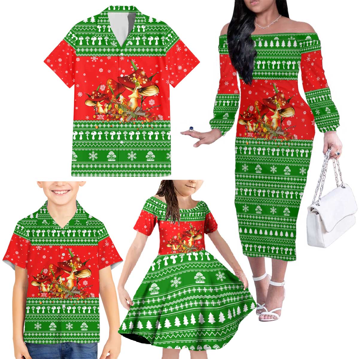 Amazing Mushroom Christmas Yall Christmas Family Matching Off The Shoulder Long Sleeve Dress and Hawaiian Shirt Xmas Holiday Patterns - Wonder Print Shop