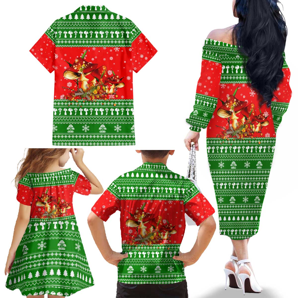 Amazing Mushroom Christmas Yall Christmas Family Matching Off The Shoulder Long Sleeve Dress and Hawaiian Shirt Xmas Holiday Patterns - Wonder Print Shop
