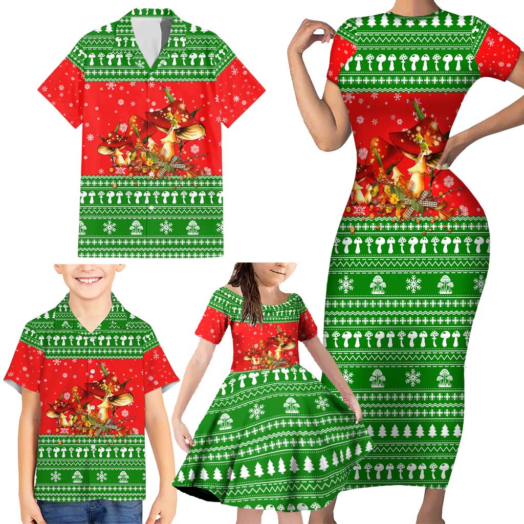 Amazing Mushroom Christmas Yall Christmas Family Matching Short Sleeve Bodycon Dress and Hawaiian Shirt Xmas Holiday Patterns - Wonder Print Shop