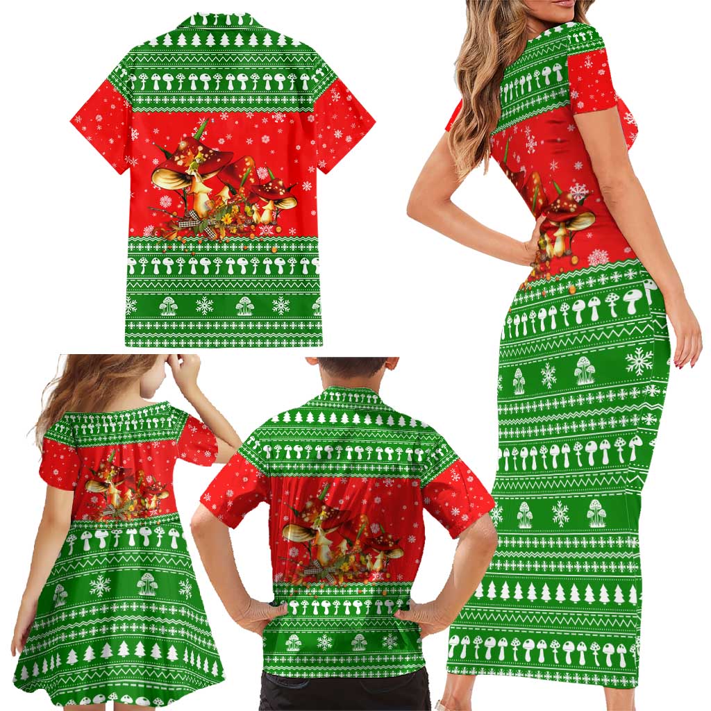 Amazing Mushroom Christmas Yall Christmas Family Matching Short Sleeve Bodycon Dress and Hawaiian Shirt Xmas Holiday Patterns - Wonder Print Shop