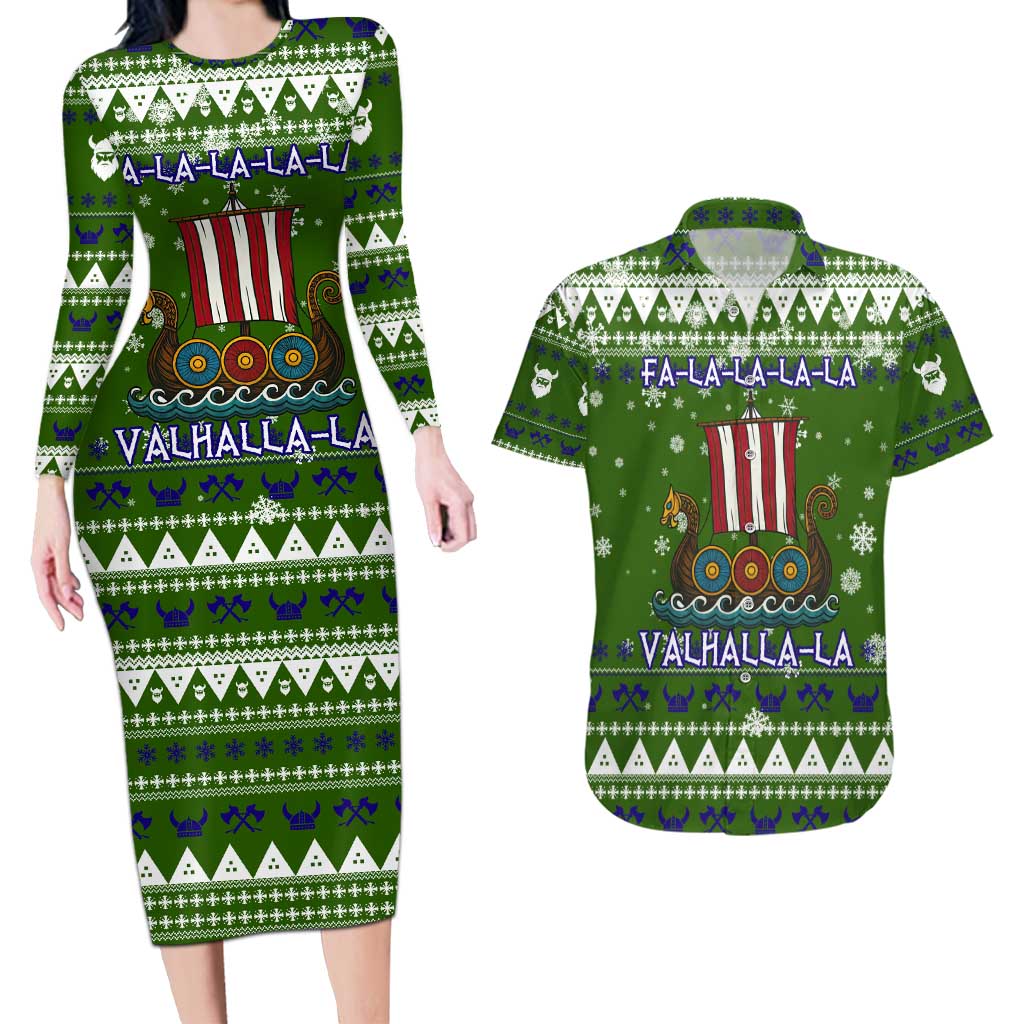 Amazing Viking Christmas Couples Matching Long Sleeve Bodycon Dress and Hawaiian Shirt Xmas Holiday Patterns - Wonder Print Shop