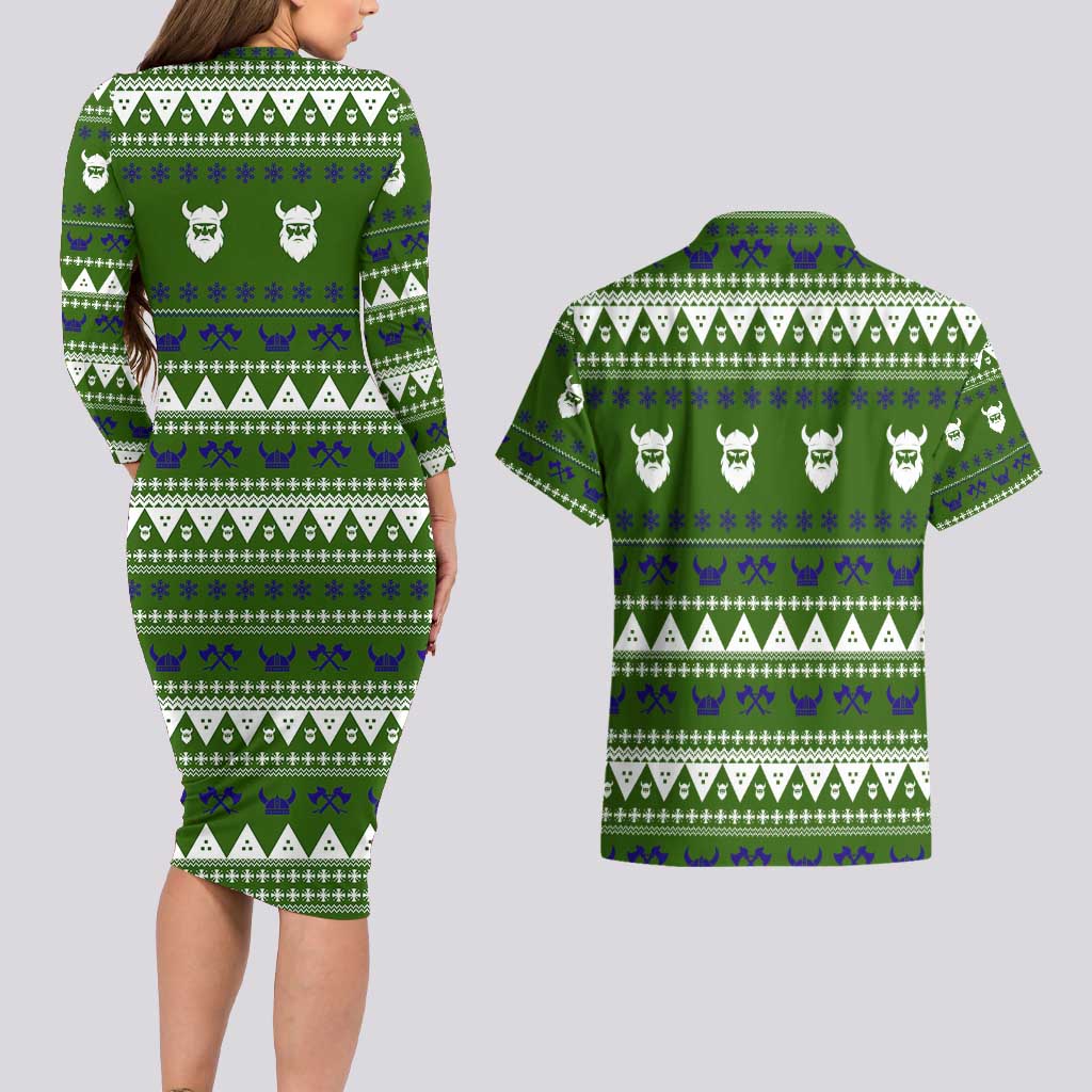 Amazing Viking Christmas Couples Matching Long Sleeve Bodycon Dress and Hawaiian Shirt Xmas Holiday Patterns - Wonder Print Shop