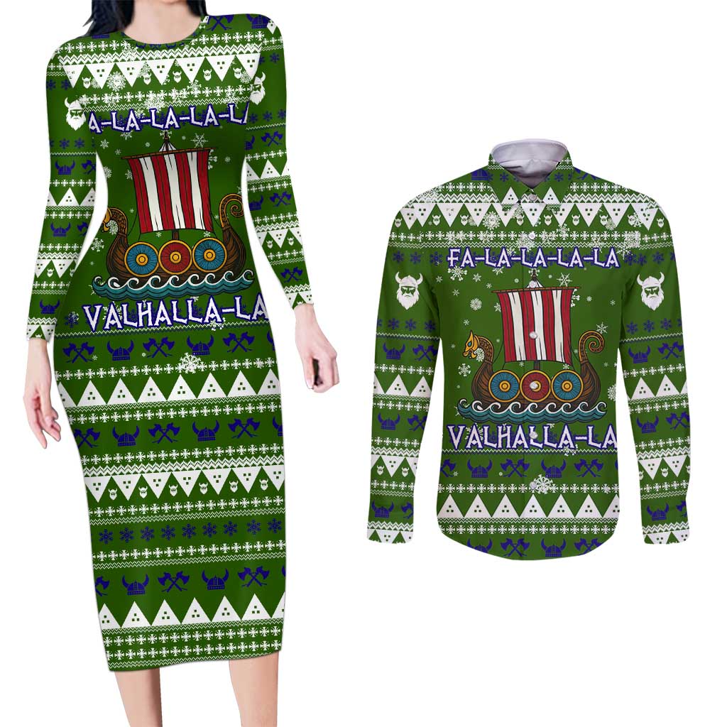 Amazing Viking Christmas Couples Matching Long Sleeve Bodycon Dress and Long Sleeve Button Shirt Xmas Holiday Patterns - Wonder Print Shop