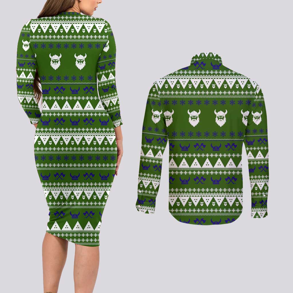 Amazing Viking Christmas Couples Matching Long Sleeve Bodycon Dress and Long Sleeve Button Shirt Xmas Holiday Patterns - Wonder Print Shop
