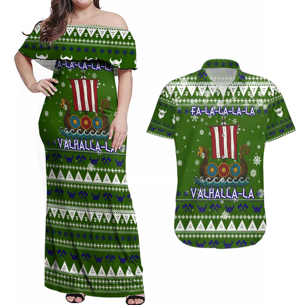 Amazing Viking Christmas Couples Matching Off Shoulder Maxi Dress and Hawaiian Shirt Xmas Holiday Patterns - Wonder Print Shop