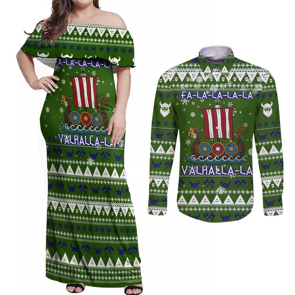 Amazing Viking Christmas Couples Matching Off Shoulder Maxi Dress and Long Sleeve Button Shirt Xmas Holiday Patterns - Wonder Print Shop
