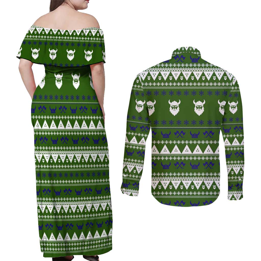 Amazing Viking Christmas Couples Matching Off Shoulder Maxi Dress and Long Sleeve Button Shirt Xmas Holiday Patterns - Wonder Print Shop