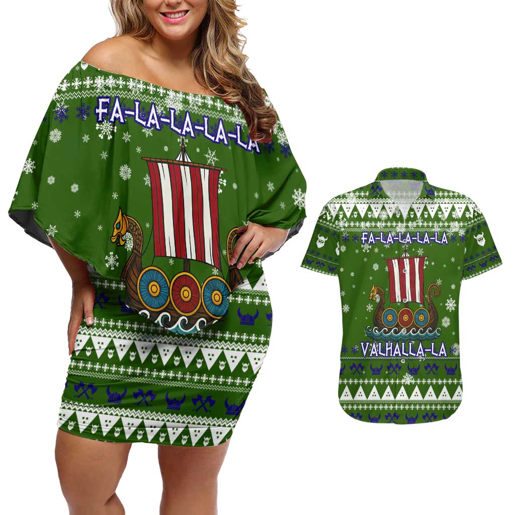 Amazing Viking Christmas Couples Matching Off Shoulder Short Dress and Hawaiian Shirt Xmas Holiday Patterns - Wonder Print Shop