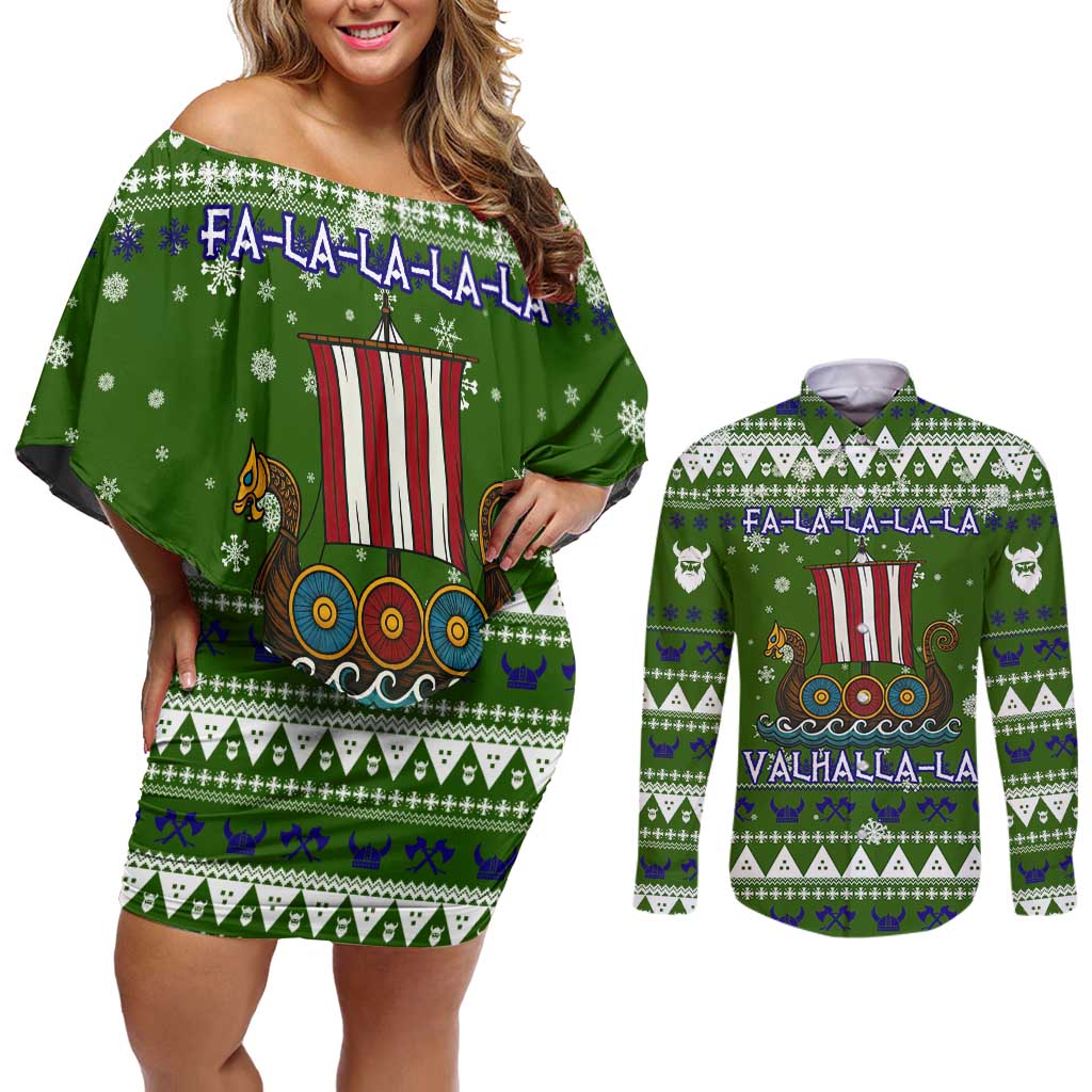 Amazing Viking Christmas Couples Matching Off Shoulder Short Dress and Long Sleeve Button Shirt Xmas Holiday Patterns - Wonder Print Shop