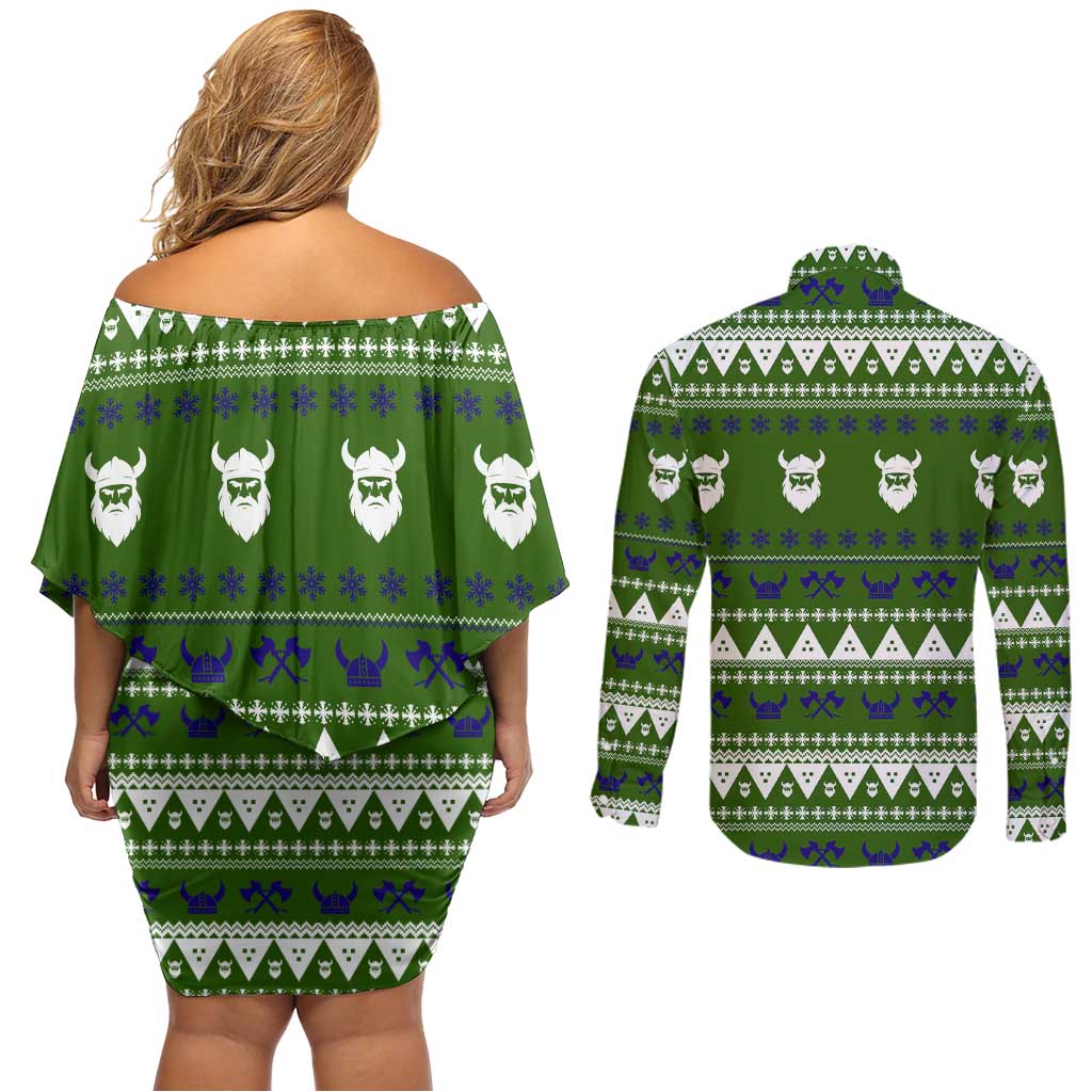 Amazing Viking Christmas Couples Matching Off Shoulder Short Dress and Long Sleeve Button Shirt Xmas Holiday Patterns - Wonder Print Shop
