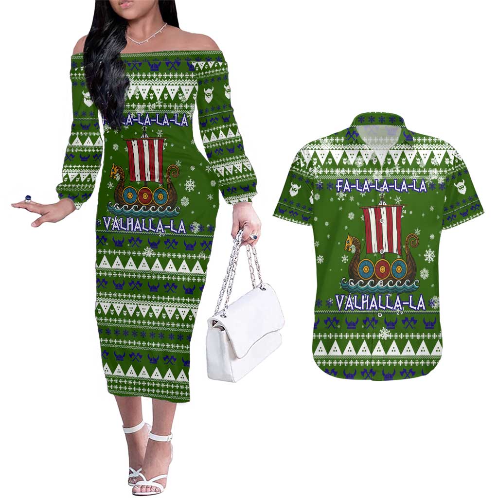 Amazing Viking Christmas Couples Matching Off The Shoulder Long Sleeve Dress and Hawaiian Shirt Xmas Holiday Patterns - Wonder Print Shop