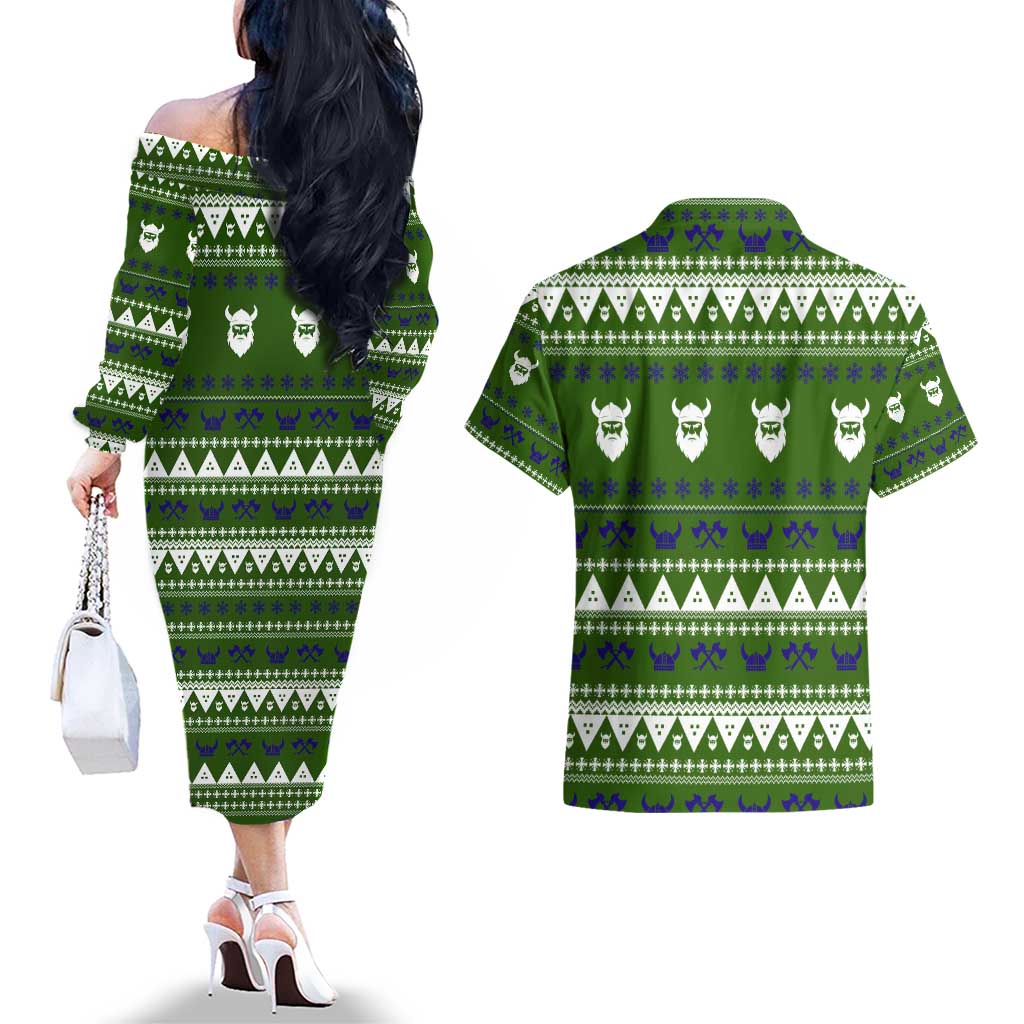 Amazing Viking Christmas Couples Matching Off The Shoulder Long Sleeve Dress and Hawaiian Shirt Xmas Holiday Patterns - Wonder Print Shop