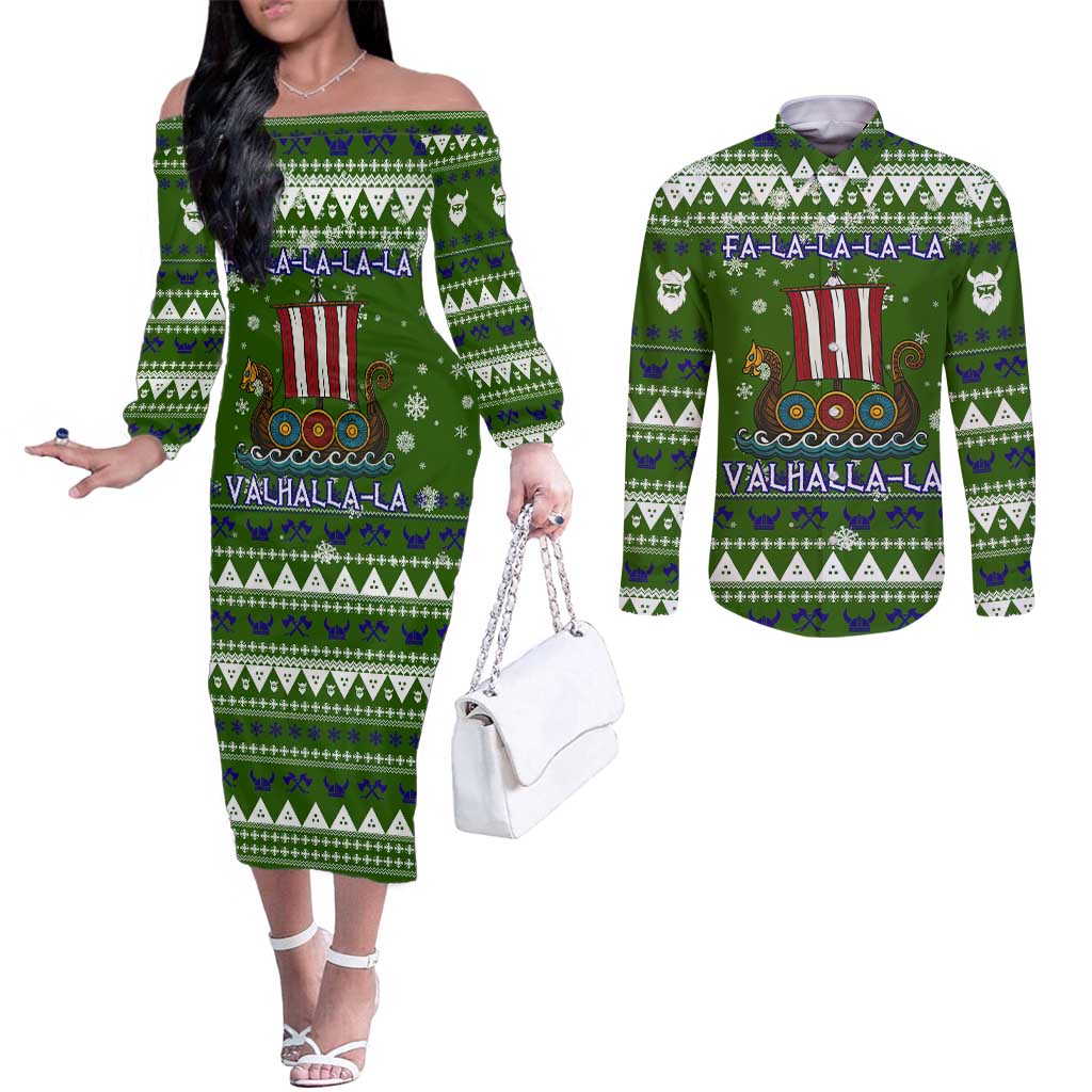 Amazing Viking Christmas Couples Matching Off The Shoulder Long Sleeve Dress and Long Sleeve Button Shirt Xmas Holiday Patterns - Wonder Print Shop