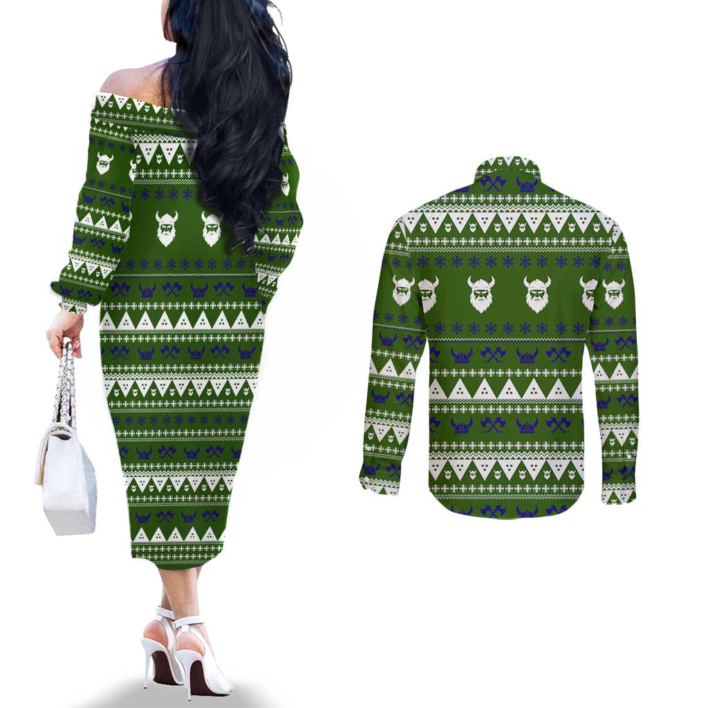 Amazing Viking Christmas Couples Matching Off The Shoulder Long Sleeve Dress and Long Sleeve Button Shirt Xmas Holiday Patterns - Wonder Print Shop