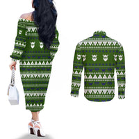 Amazing Viking Christmas Couples Matching Off The Shoulder Long Sleeve Dress and Long Sleeve Button Shirt Xmas Holiday Patterns - Wonder Print Shop