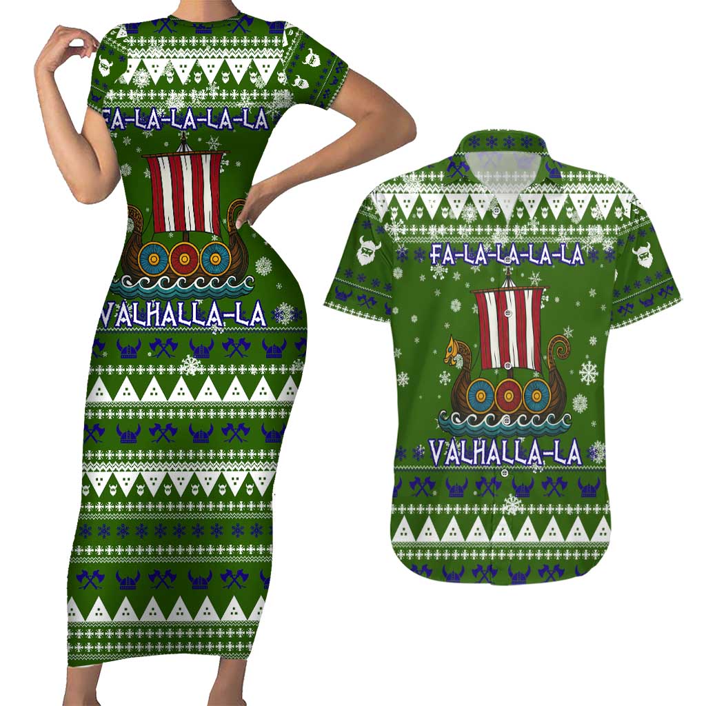 Amazing Viking Christmas Couples Matching Short Sleeve Bodycon Dress and Hawaiian Shirt Xmas Holiday Patterns - Wonder Print Shop